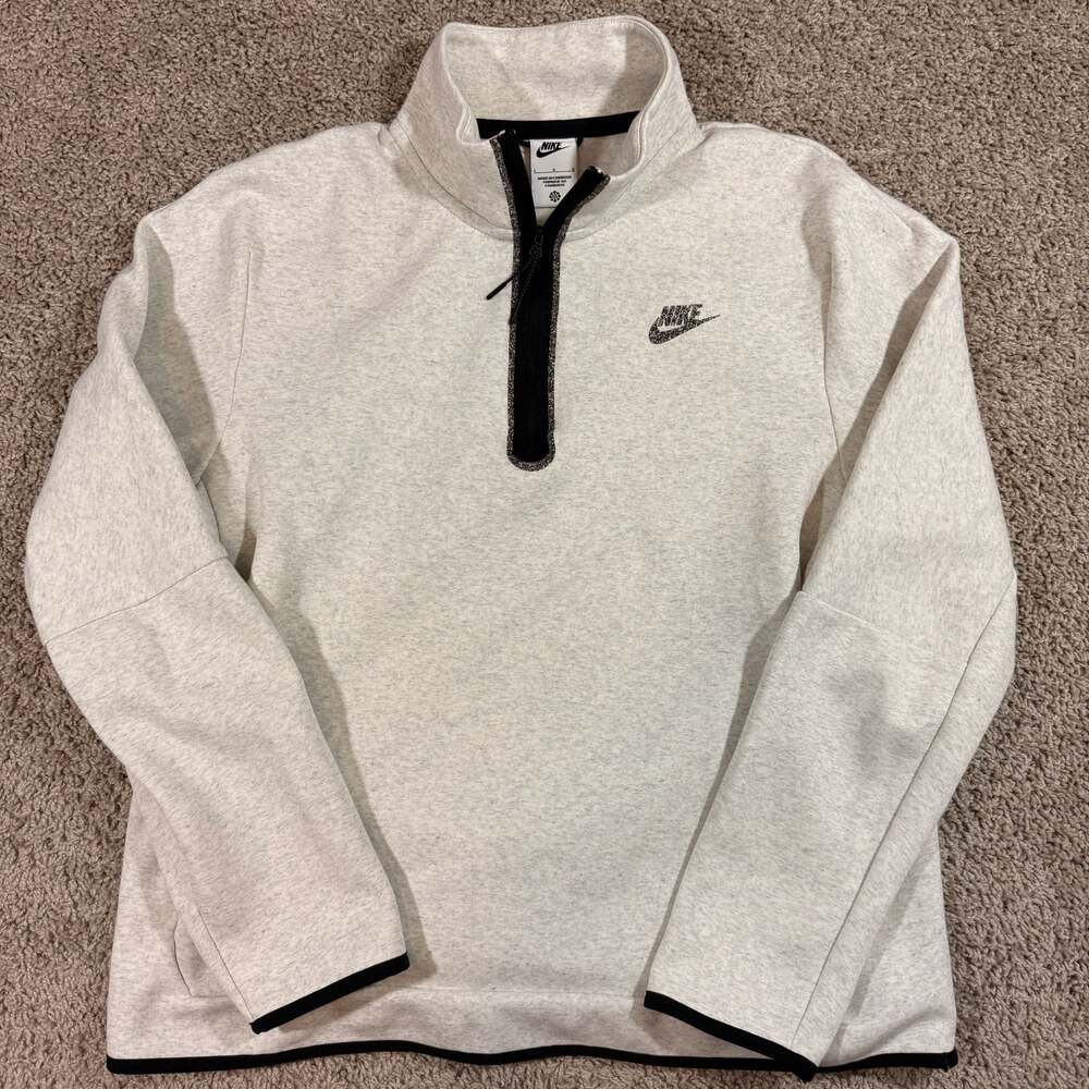 Nike Womens Large 1/4 Zip Pullover Sweatshirt Oatmeal Fleece Mock Neck Logo